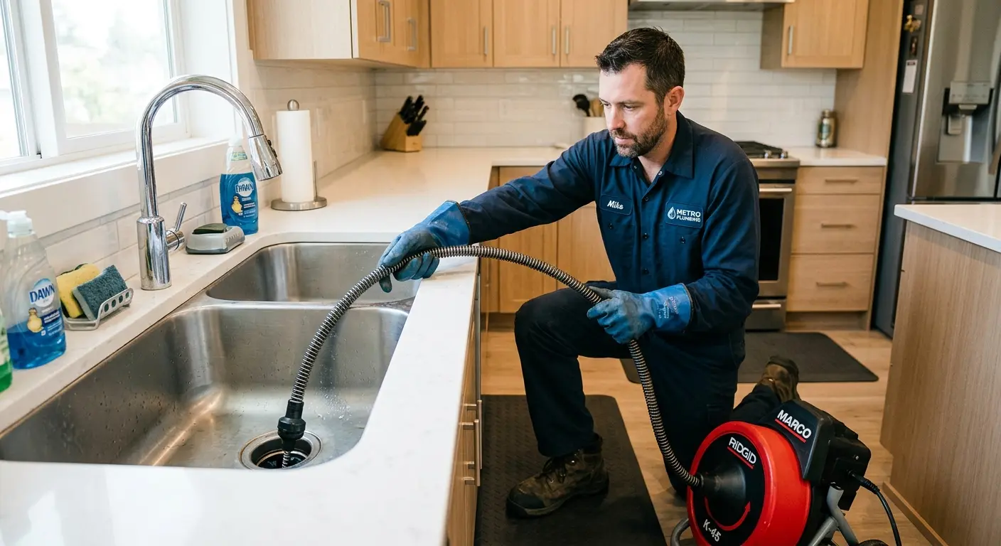 Drain cleaning technician using a motorized snake on a kitchen sink in Mena