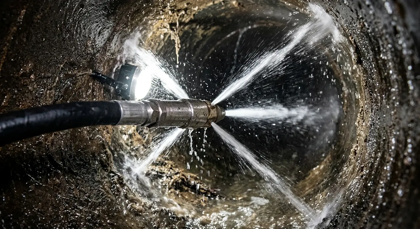High-pressure hydro jetting nozzle cleaning sewer pipe for Emergency Drain Service in Mena