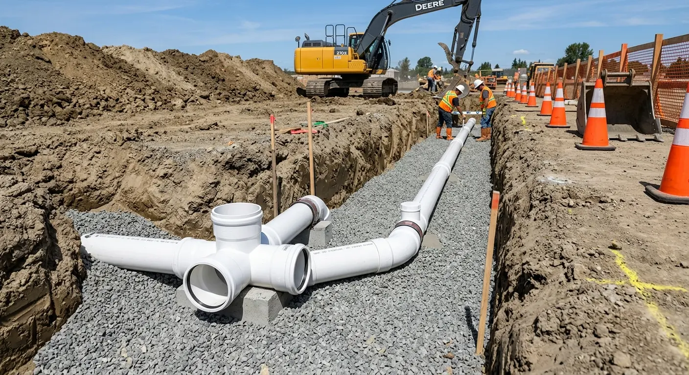 New PVC sewer pipe installation in open trench for Grease Trap Cleaning in Mena