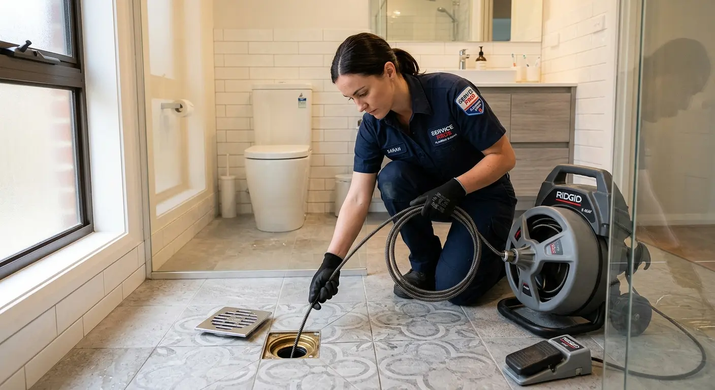 Technician clearing a bathroom floor drain for Sewer Line Installation in Mena
